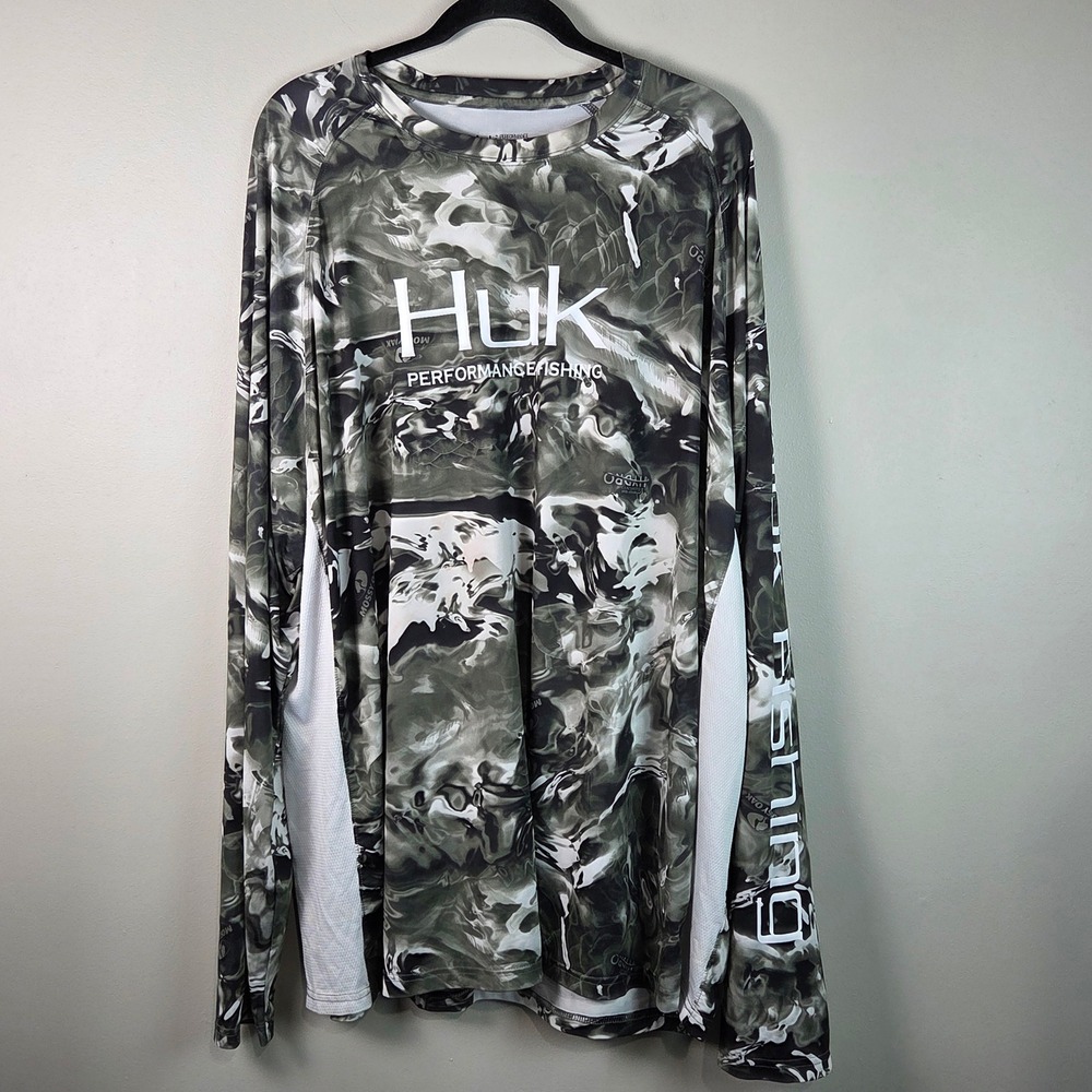 Huk Performance Fishing Shirt Mens XXXL Green Camo Excellent Mossy Oak Hydro